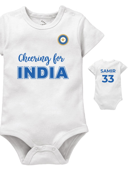 Cheering for India themed test cricket onesie- Cricket theme onesie/rompers/bodysuits/outfits/dresses for baby boys and girls.