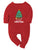 Red baby onesie with Christmas tree design and 'My First Christmas' text on a white background