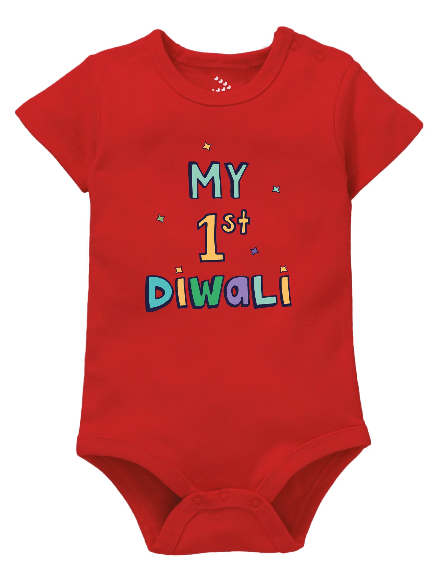 A red onesie with the text 'MY 1ST DIWALI' printed on the front, suitable for babies celebrating their first Diwali.