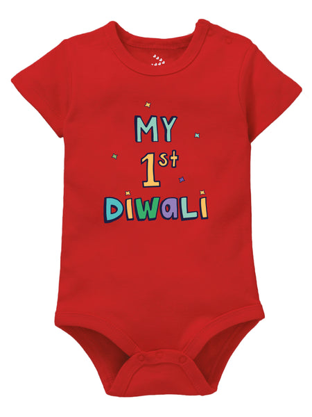 A red onesie with the text 'MY 1ST DIWALI' printed on the front, suitable for babies celebrating their first Diwali.