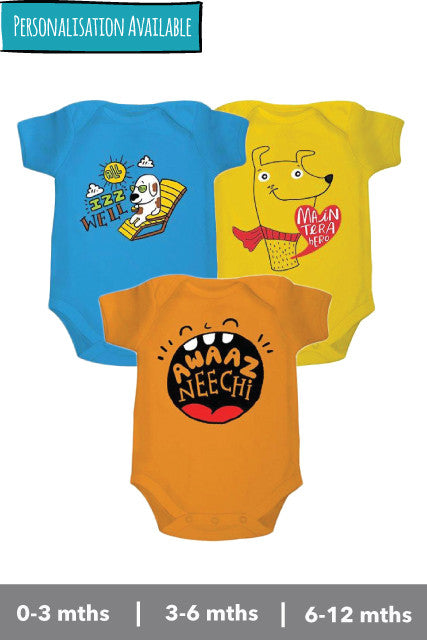 Onesies Set (3 Pcs): All Izz Well, Main Tera Hero, Awaaz Neechi
