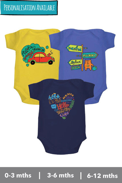 Onesie, bodysuits, rompers set of Musafir hoon yaaron, hello and nanha munna rahee from zeezeezoo 100% cotton