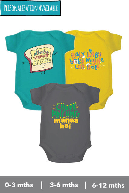 Onesie, bodysuits, rompers set of Utterly Delicious, Baby Baby, Cheek Pinching from zeezeezoo 100% cotton