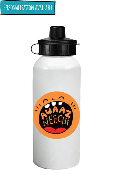 Awaaz Neechi Personalised water bottles sipper bottles white for kids US and India from Zeezeezoo